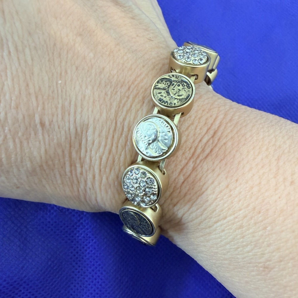 Gold Tone Beaded Coin Charm Bracelet Womens 8 Inch Magnetic Rhinestone Boho